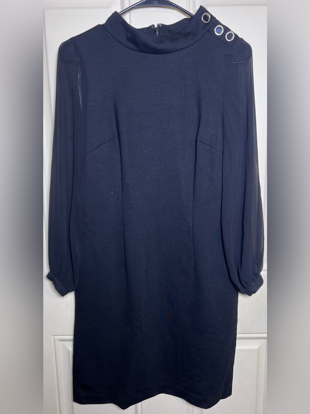 NWT Talbots Black Sheer Long-Sleeve Shift Cocktail Dress with Button Detail